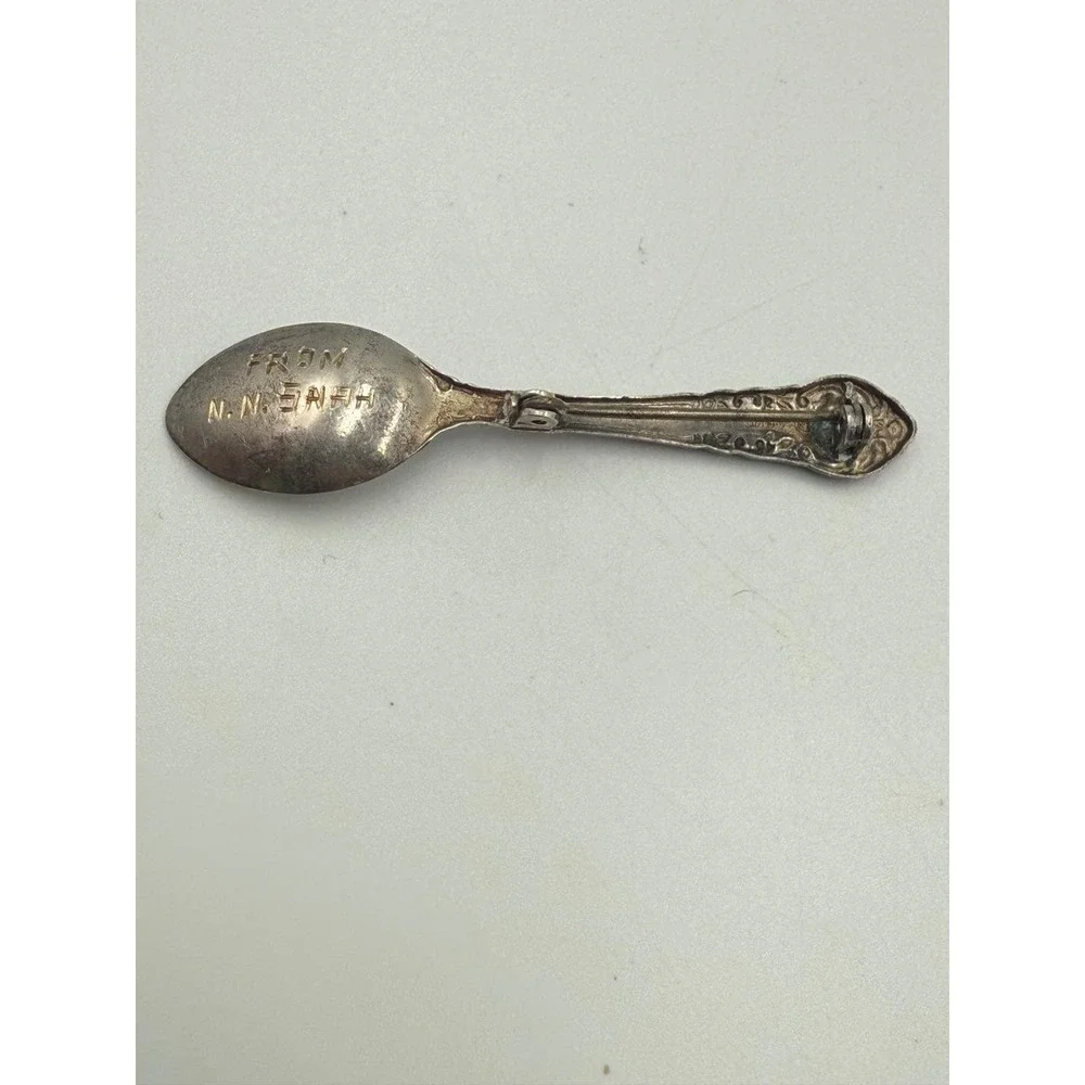 Vintage‎ Sterling Silver Spoon Pin Brooch Ornate Floral N.N. Shah Inscription